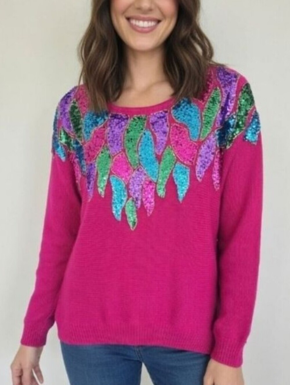 Victoria Jones Petite Magenta Knit Sweater with Vibrant Multicolor Sequins